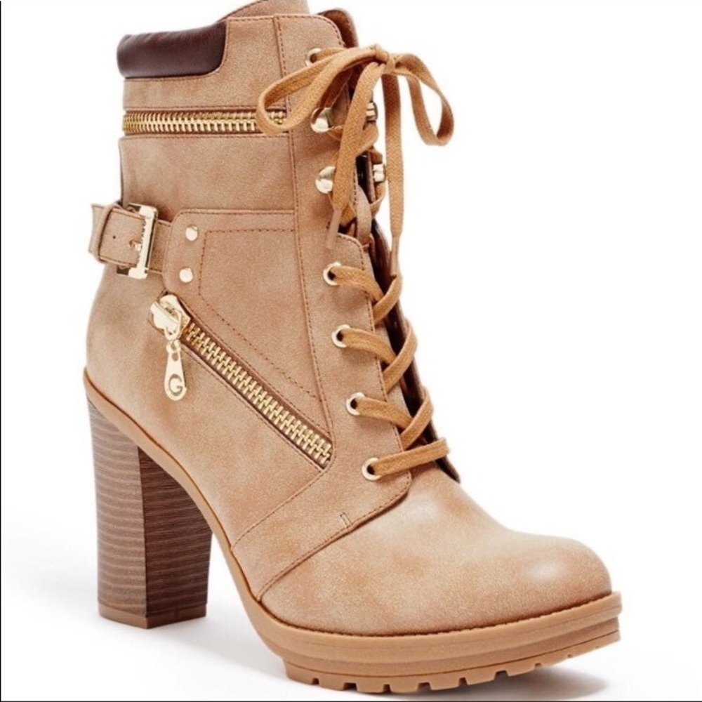 G BY GUESS TAN GOGI ZIPPER TRIM LACE UP BOOTS NWOT